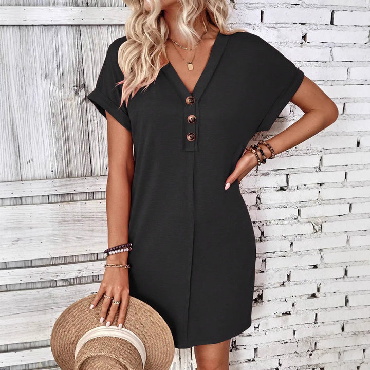 Damen Lockeres V-Ausschnitt Freizeitkleid mit Zierknopfleiste Drune