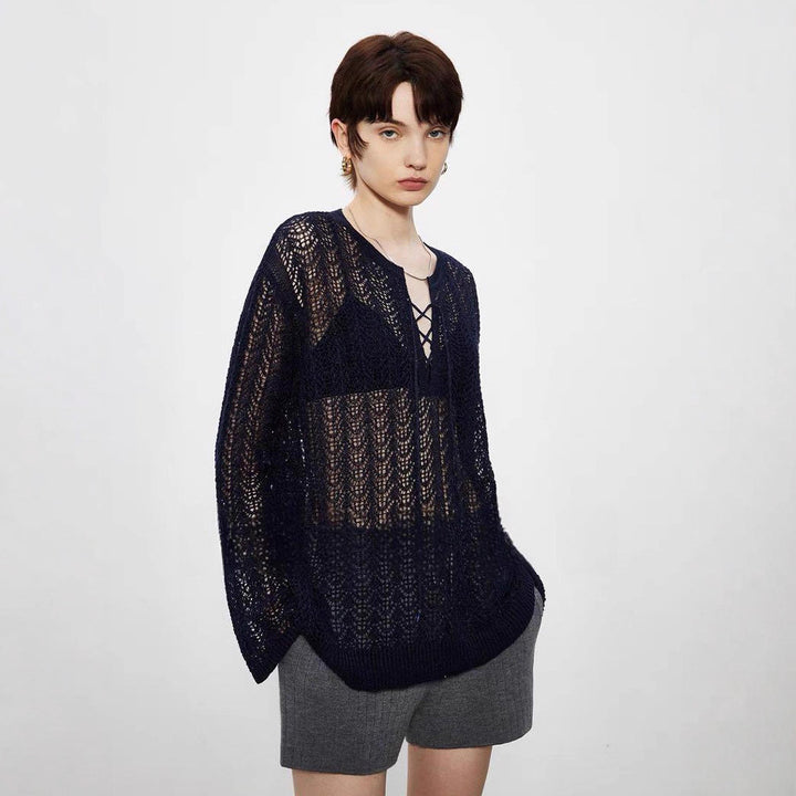 Damen luftiger Strickpulli mit raffiniertem Auschnitt Drune