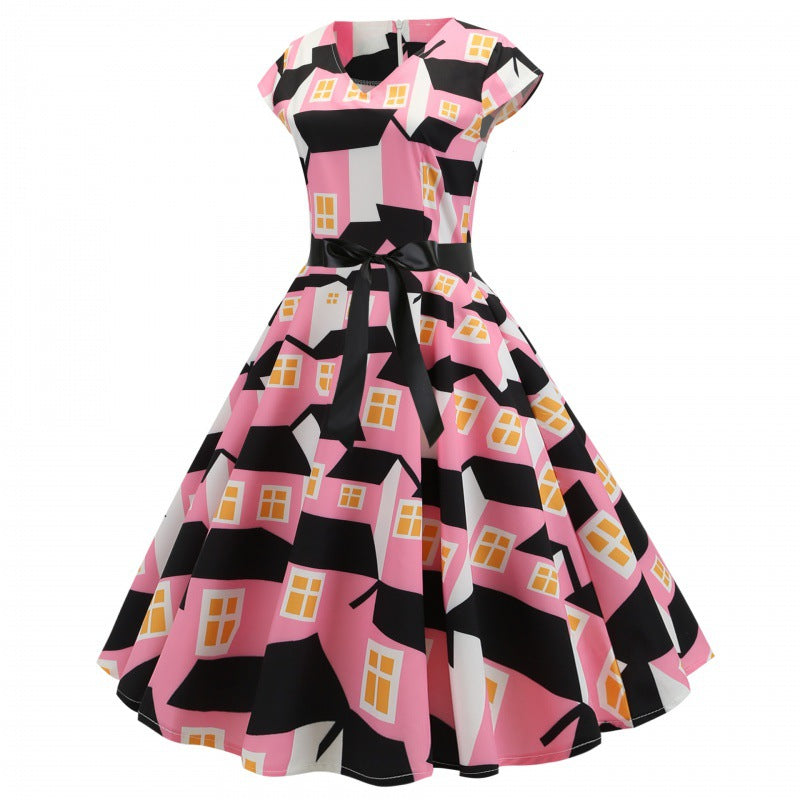 Damen Swingkleid mit Häuserdruck und einem schmalen Taillengürtel Drune