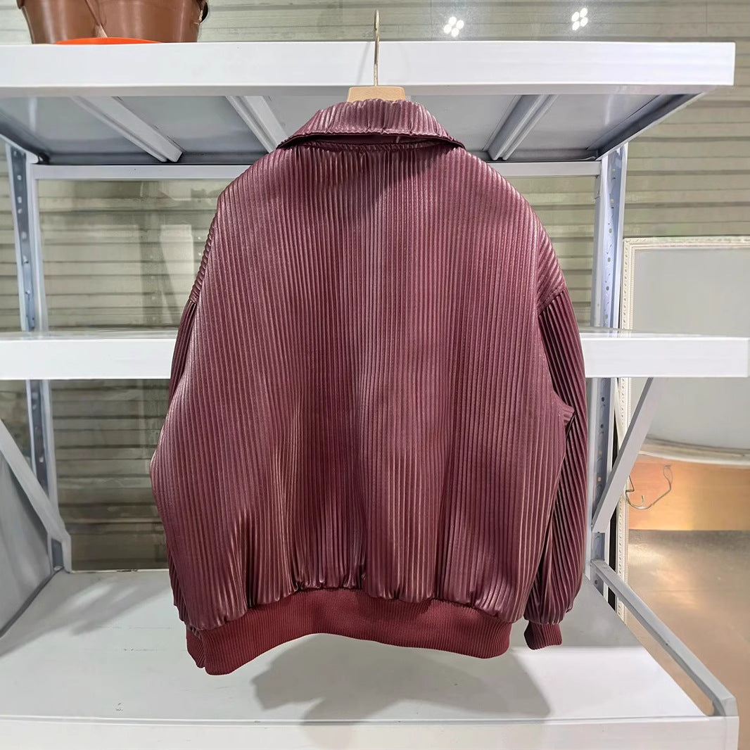 Damen nan plissierte Kunstleder-Bomberjacke mit Reißverschluss, Hemdkragen und elastischen Rippbündchen Drune