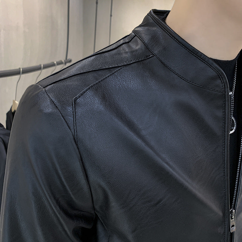 Herren Modische Kunstlederjacke mit Stehkragen und Reißverschlusstaschen Drune
