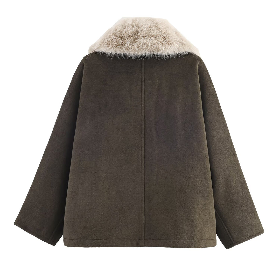 Damen eleganter Oversized-Mantel mit abnehmbarem Kunstfellkragen Drune