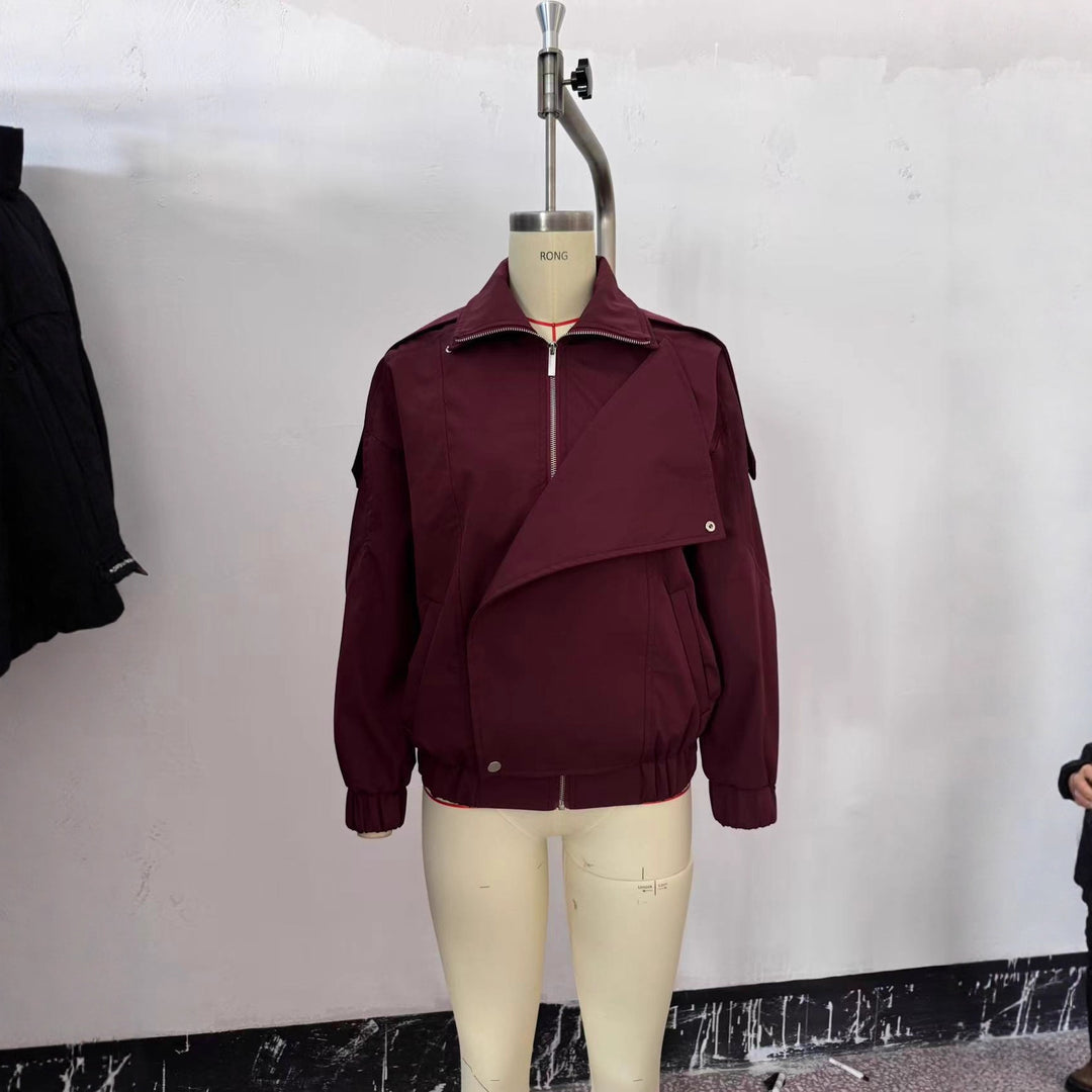 Damen Oversize-Bomberjacke mit asymmetrischer Blendenfront, Stehkragen und Tunnelzugsaum Drune