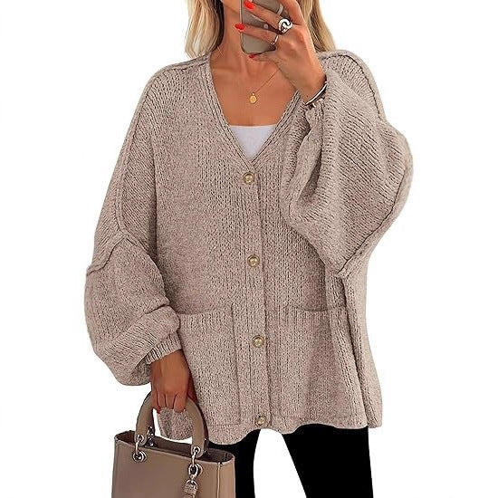 Damen Oversized Strickjacke mit Knöpfen und großen Taschen Drune