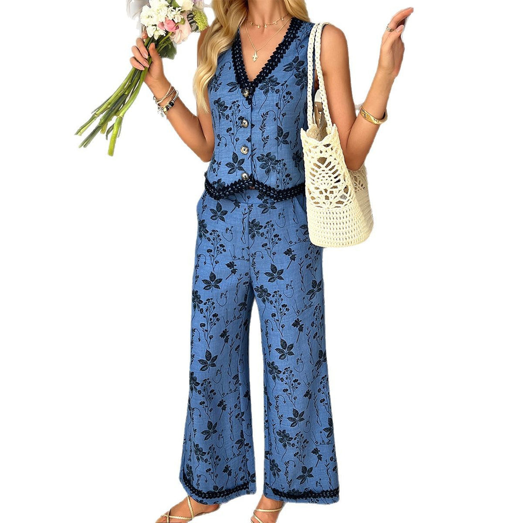 Damen Zweiteiliges Set mit floralem Muster und kontrastierenden Details Drune