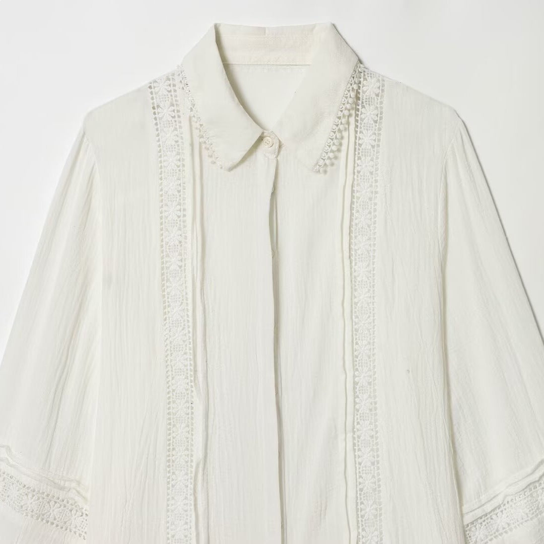 Damen Bluse mit zarter Spitzenapplikation, verdeckter Knopfleiste und Ballonärmeln Drune