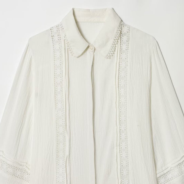 Damen Bluse mit zarter Spitzenapplikation, verdeckter Knopfleiste und Ballonärmeln Drune