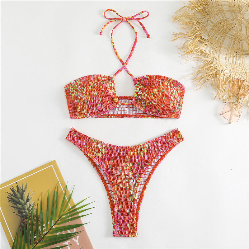 Damen Bandeau-Bikini mit verspieltem Wickeldetail und buntem Design Drune