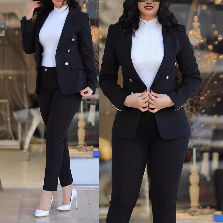 Damen nan tailliertes Business-Hosenanzug-Set mit doppelreihigem Reversblazer und schmal zulaufender Bundhose Drune