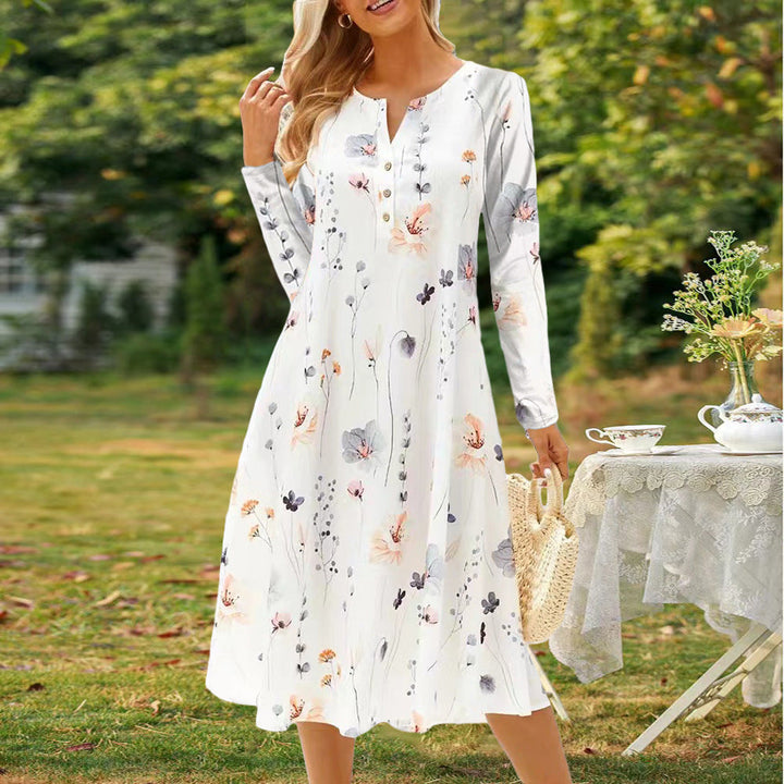 Drune | Bedrucktes V-Ausschnitt Knopf Langarmkleid