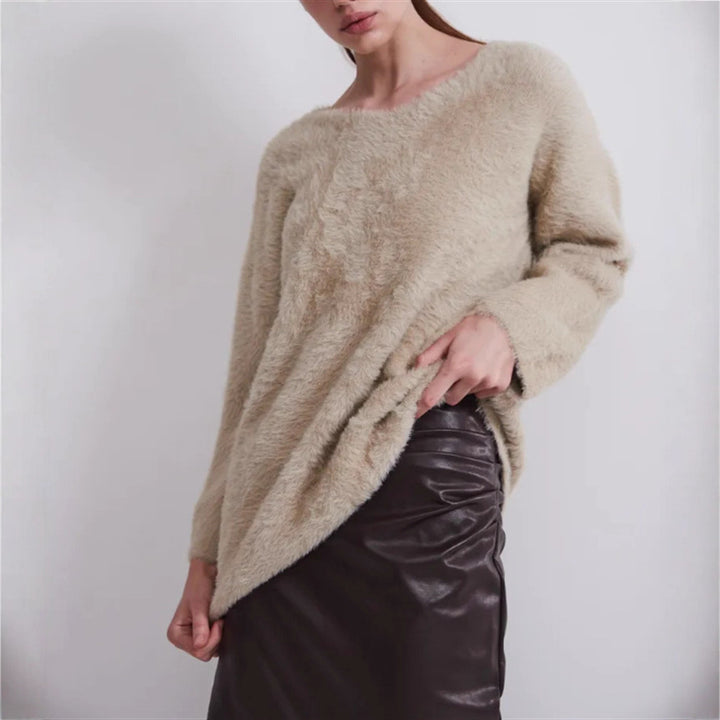 Damen Oversize-Flauschpullover mit V-Ausschnitt und Teddy-Optik Drune