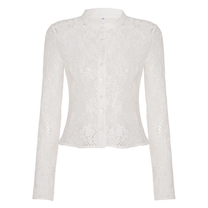 Damen Spitzenshirt mit elegantem Kragen und Knopfdetail Drune