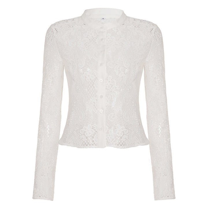 Damen Spitzenshirt mit elegantem Kragen und Knopfdetail Drune