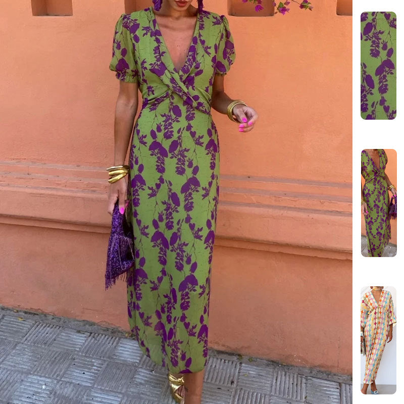 Damen Maxikleid mit tiefem V-Ausschnitt und kunstvollem Rauten-Muster Drune