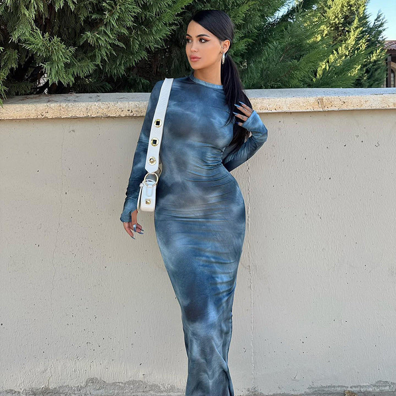 Damen Elegantes figurbetontes Maxikleid mit langem Arm und raffinierten Drapierungen Drune