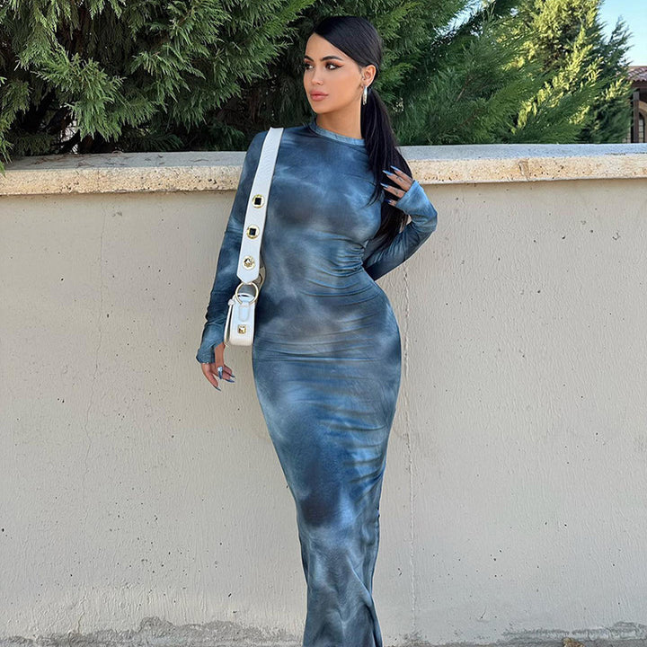 Damen Elegantes figurbetontes Maxikleid mit langem Arm und raffinierten Drapierungen Drune