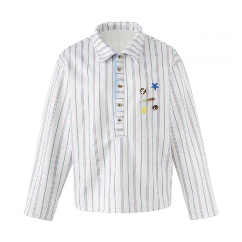Unisex Gestreiftes Overshirt mit Henley-Knopfleiste und dekorativen Ansteck-Details Drune