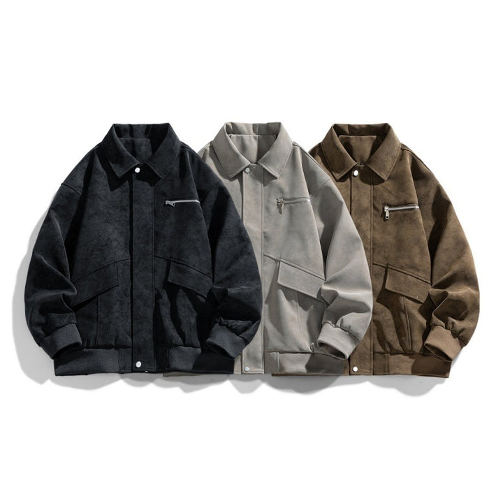 Herren Oversize Bomberjacke im Veloursleder‑Look mit Brustreißverschluss & Pattentaschen Drune