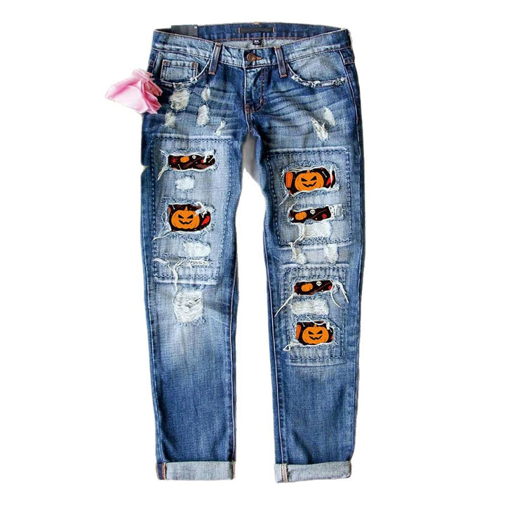 Damen Destroyed Jeans mit einzigartigen Halloween-Designs Drune