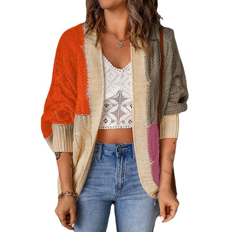 Damen Lockere Strickjacke mit modischem Farbblockdesign und tiefen Taschen Drune