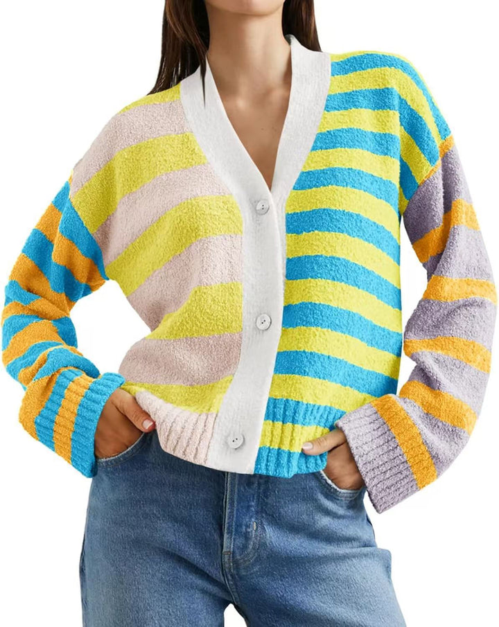 Damen lockerer gestreifter Frottee-Cardigan mit V-Ausschnitt und Knopfleiste Drune