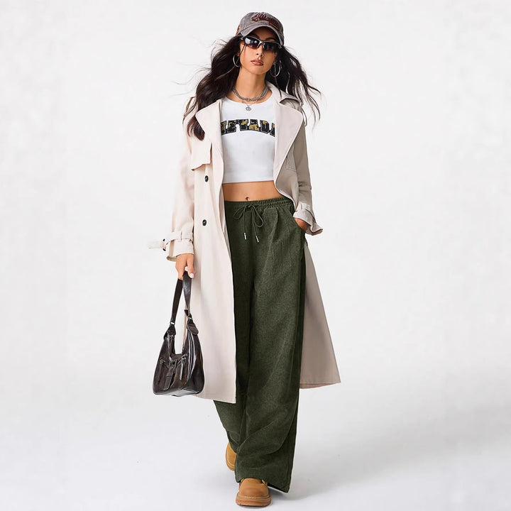Damen Weite Cordhose aus Feincord mit hohem Elastikbund Drune