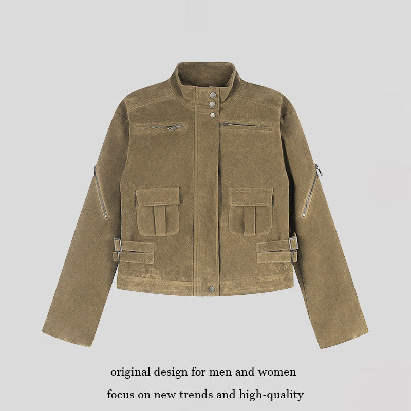Damen Kurz geschnittene Wildlederjacke mit Stehkragen, Utility-Taschen und Seiten-Schnallen Drune