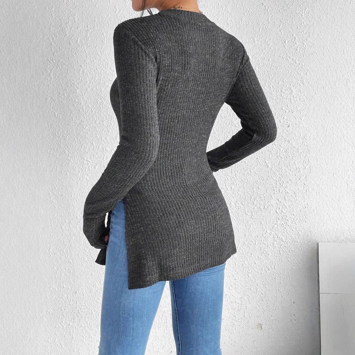 Damen Rippstrick-Langarmshirt mit Seitenschlitz und figurbetontem Schnitt Drune