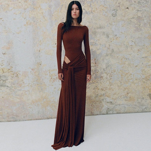 Damen Elegantes langärmliges Maxikleid mit raffinierten Drapierungen Drune