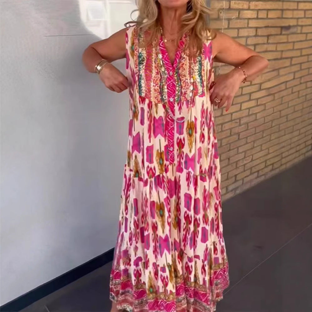 Damen nan fließendes Maxikleid im Boho-Stil mit V-Ausschnitt, Stufenrock und bestickter Passe Drune