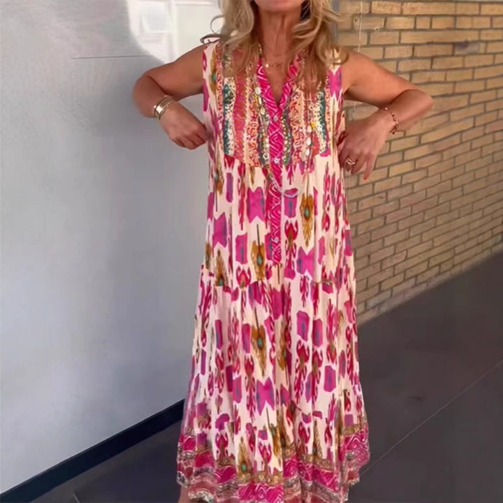 Damen nan fließendes Maxikleid im Boho-Stil mit V-Ausschnitt, Stufenrock und bestickter Passe Drune