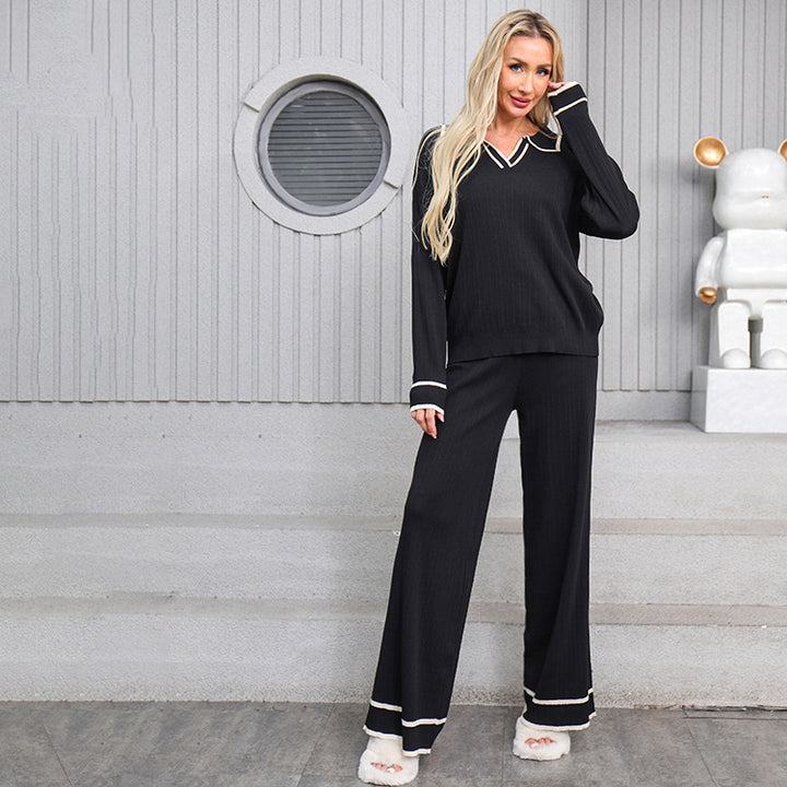 Damen modisches Strick-Loungewear-Set mit schickem Kragen und breiten Beinen Drune