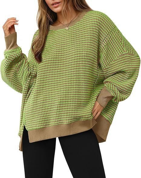 Damen Gestreifter Oversize-Sweater mit Rundhalsausschnitt und Seitenschlitzen Drune