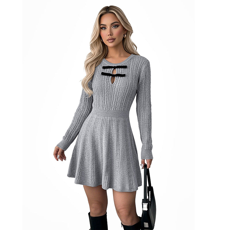 Damen Strick-Minikleid mit tailliertem A-Linien-Rock, Zieröffnung und Banddetails Drune