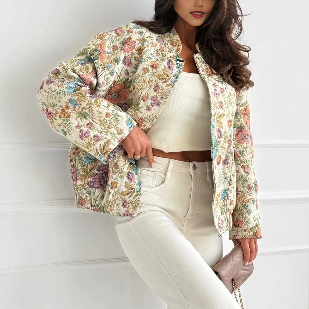 Damen Florale Jacquard-Steppjacke mit Stehkragen und elastischem Saum Drune