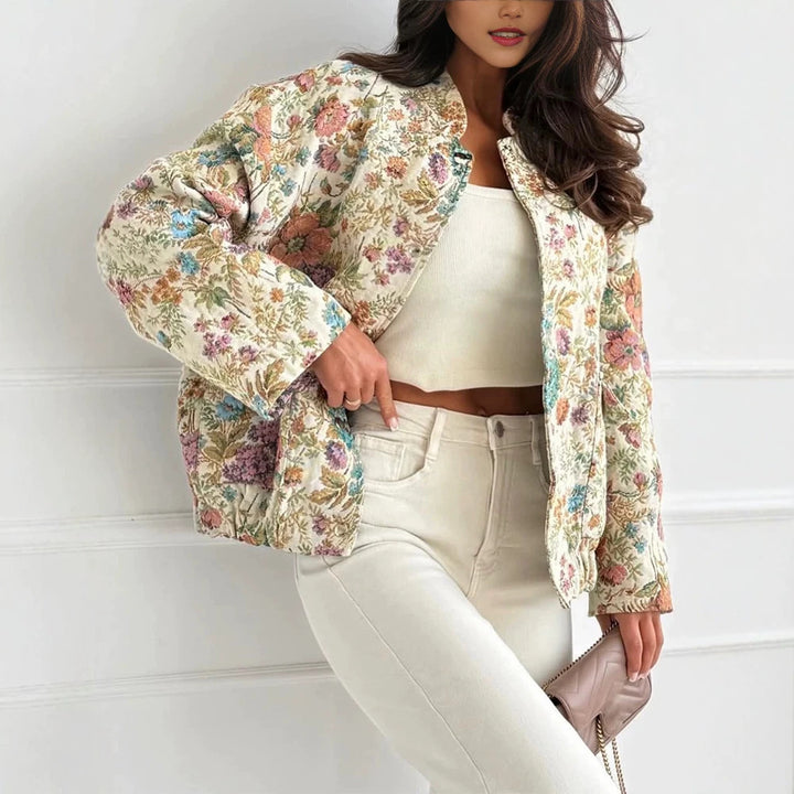 Damen Florale Jacquard-Steppjacke mit Stehkragen und elastischem Saum Drune