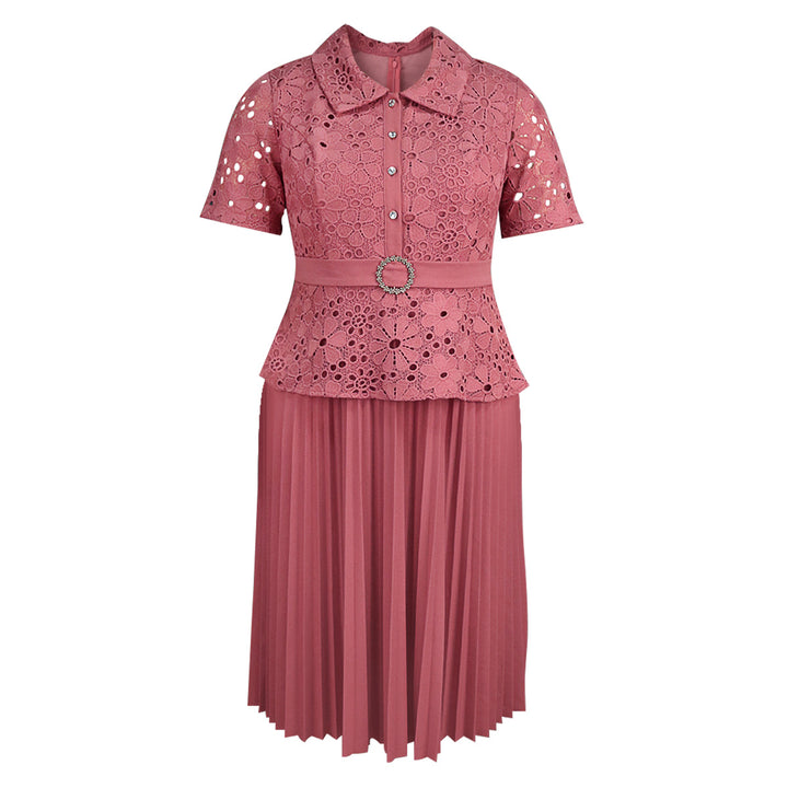 Damen elegantes Spitzenkleid mit Plissee-Rock Drune