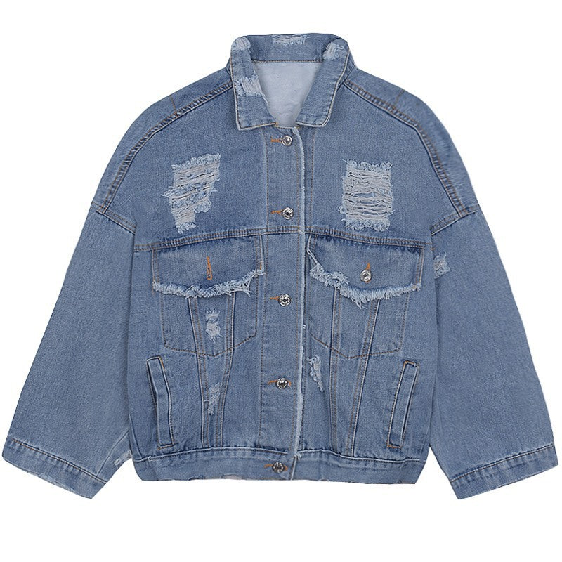 Damen Lässige Oversize Jeansjacke mit Destroyed-Details Drune