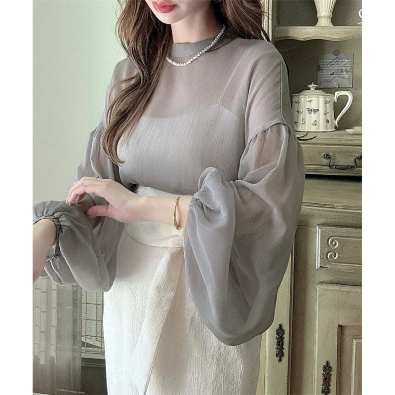 Damen elegante Bluse mit voluminösen Ärmeln und zeitlosem Rundhalsausschnitt Drune