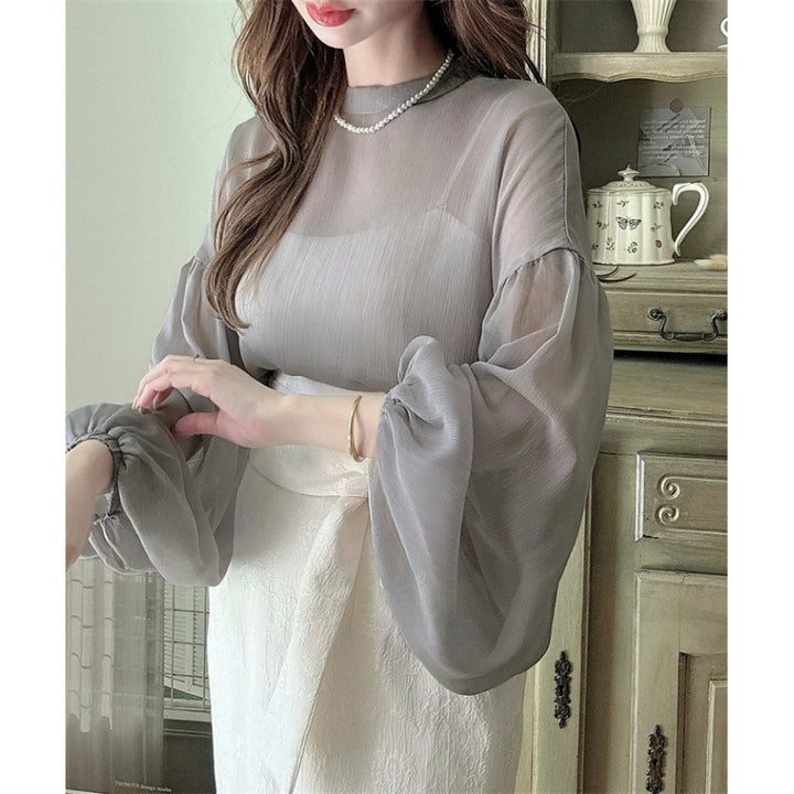 Damen elegante Bluse mit voluminösen Ärmeln und zeitlosem Rundhalsausschnitt Drune