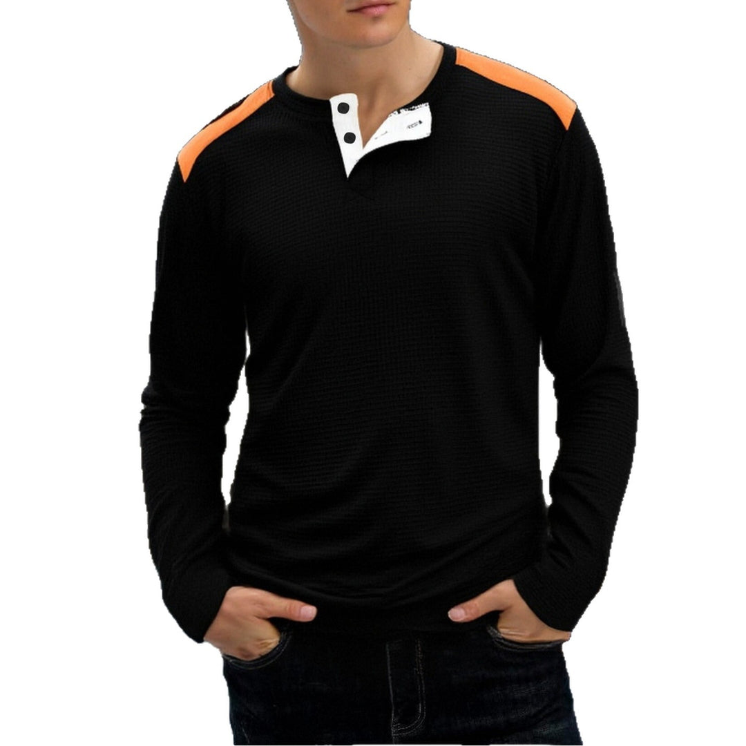 Herren strukturiertes Henley-Langarmshirt mit Stehkragen, Schulterpaspel und Waffelstruktur Drune