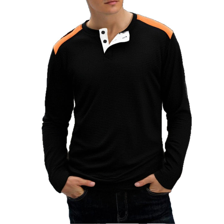 Herren strukturiertes Henley-Langarmshirt mit Stehkragen, Schulterpaspel und Waffelstruktur Drune