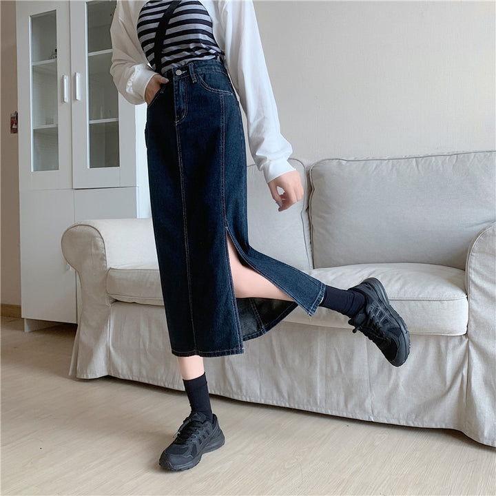 Damen Langer Denim-Rock mit seitlichem Schlitz Drune