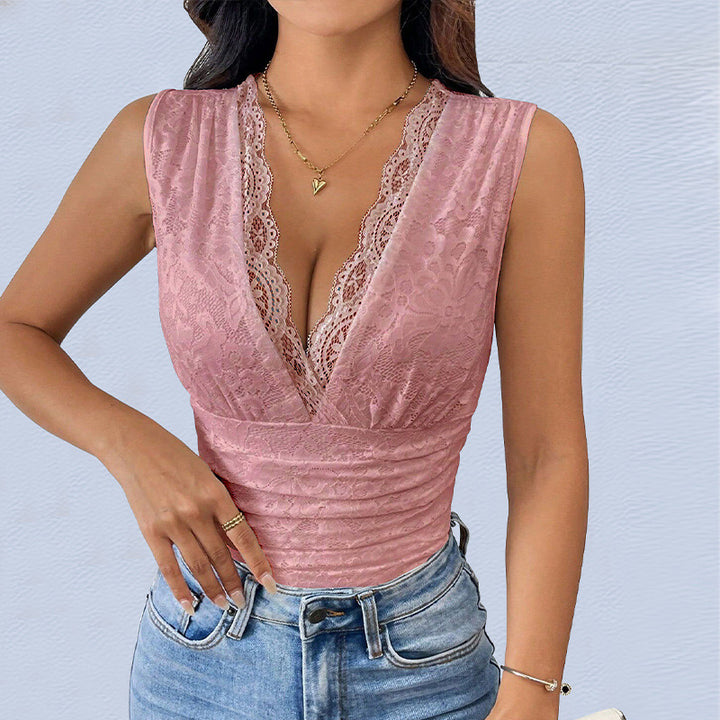Damen Spitzen-Top mit V-Ausschnitt und gerafftem Design Drune