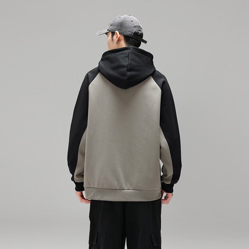 Herren Kapuzenpullover im Colourblock-Design mit Raglanärmeln, Kängurutasche und geripptem Saum Drune