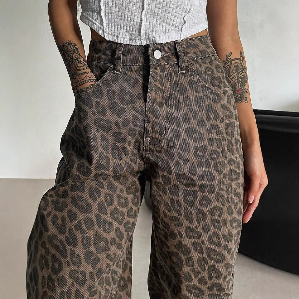 Damen Weit geschnittene Leoparden-Jeans im lässigen Stil Drune
