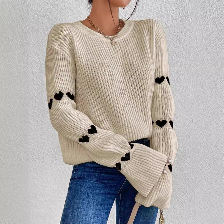 Damen lässiger Strickpullover mit Herzmuster und weitem Arm Drune