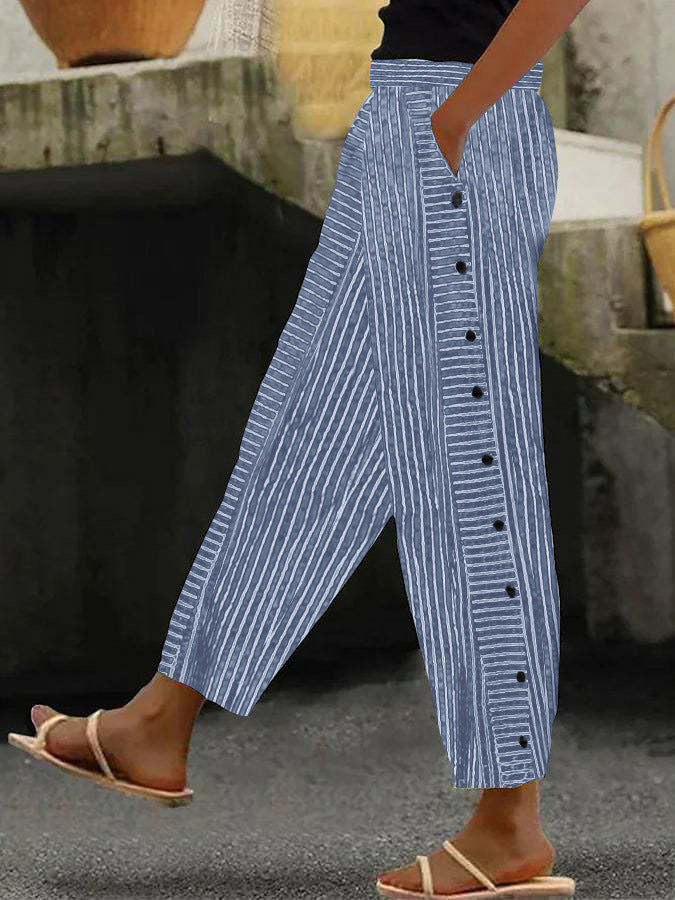 Damenweite Culotte-Hosen mit Paperbag-Taille, Knopfleiste und Seitentaschen Drune