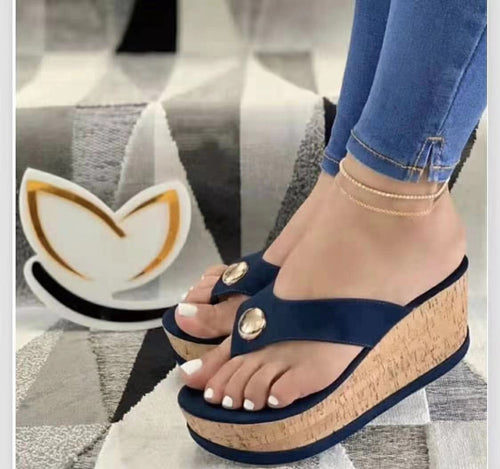 Damen nan Zehentrenner-Plateau-Sandalette mit Korkkeilabsatz und dekorativem Zierknopf Drune