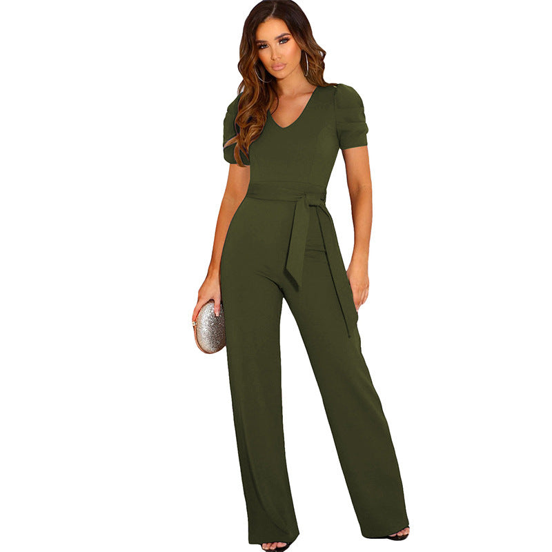 Damen Eleganter Jumpsuit mit Taillengürtel und Puffärmel Drune